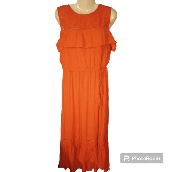 - AGB orange sleeveless high low dress with tassel belt and ruffle accents - Picture 1 of 12